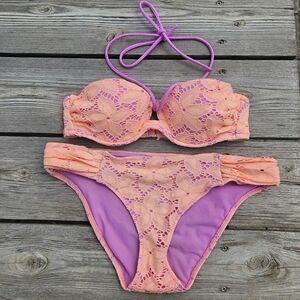 Victoria's Secret Coral And Purple Lace Under Wire Bikini Halter Tie Top 32B M